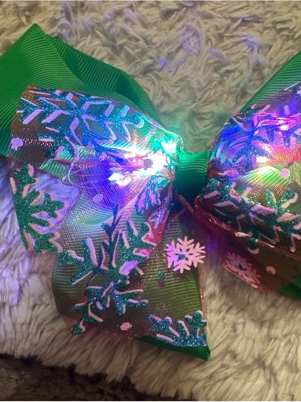 Light up Green Holiday Snowflake Light-Up Hair Bow for Kids
